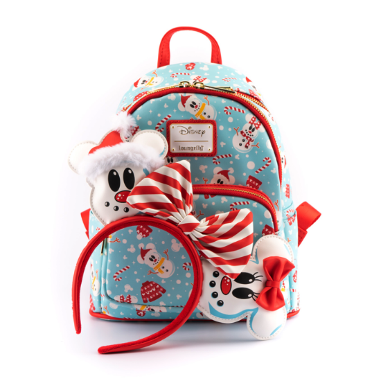 LOUNGEFLY DISNEY MINNIE MICKEY SNOWMAN AOP MINI NAHRBTNIK IN TRAK ZA LASE